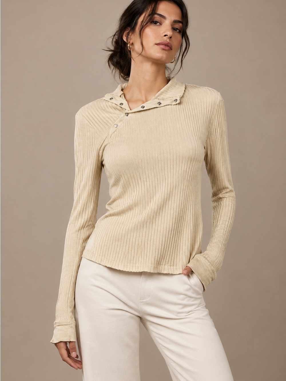 LA Made Beige Ribbed Long Sleeve Snap Mock Neck Top